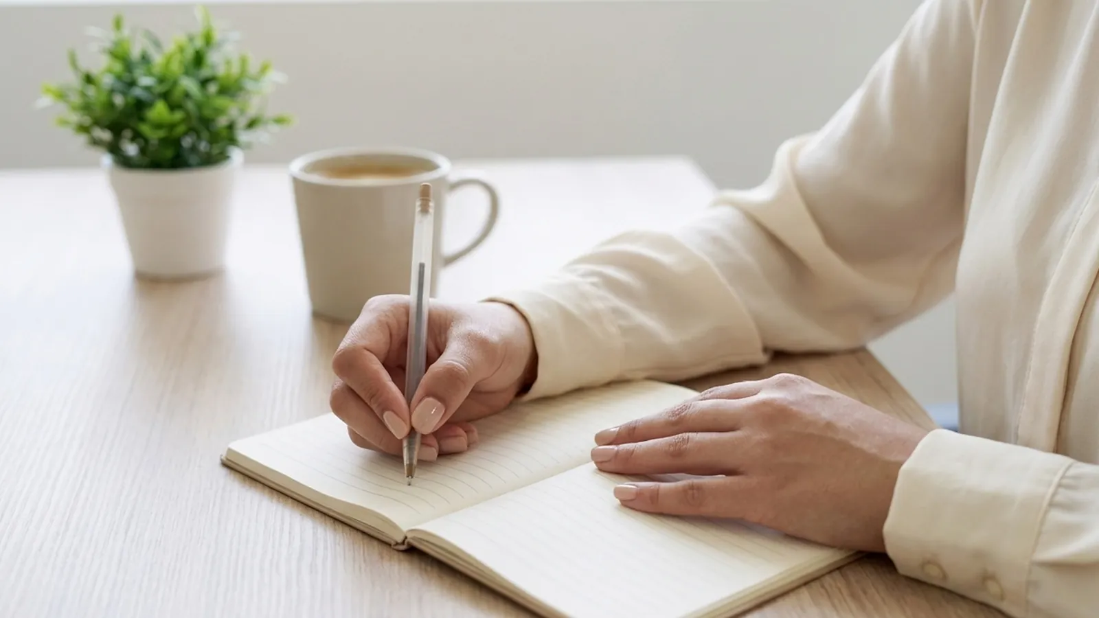 Manos de la psicóloga tomando notas en un cuaderno